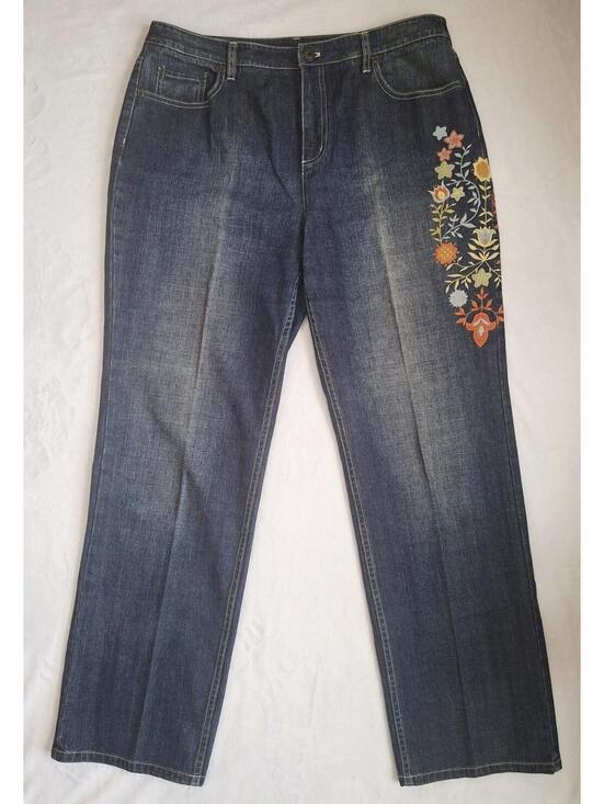 Talbots Denim - Talbots  Embroidered Floral Distressed Wide-Leg Stretch Blue Jeans  Women's 14